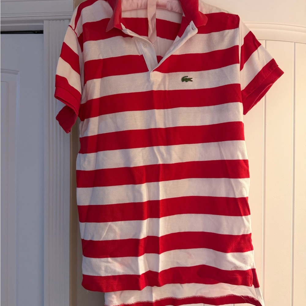 Lacoste Women's Red and White Striped Polo Shirt